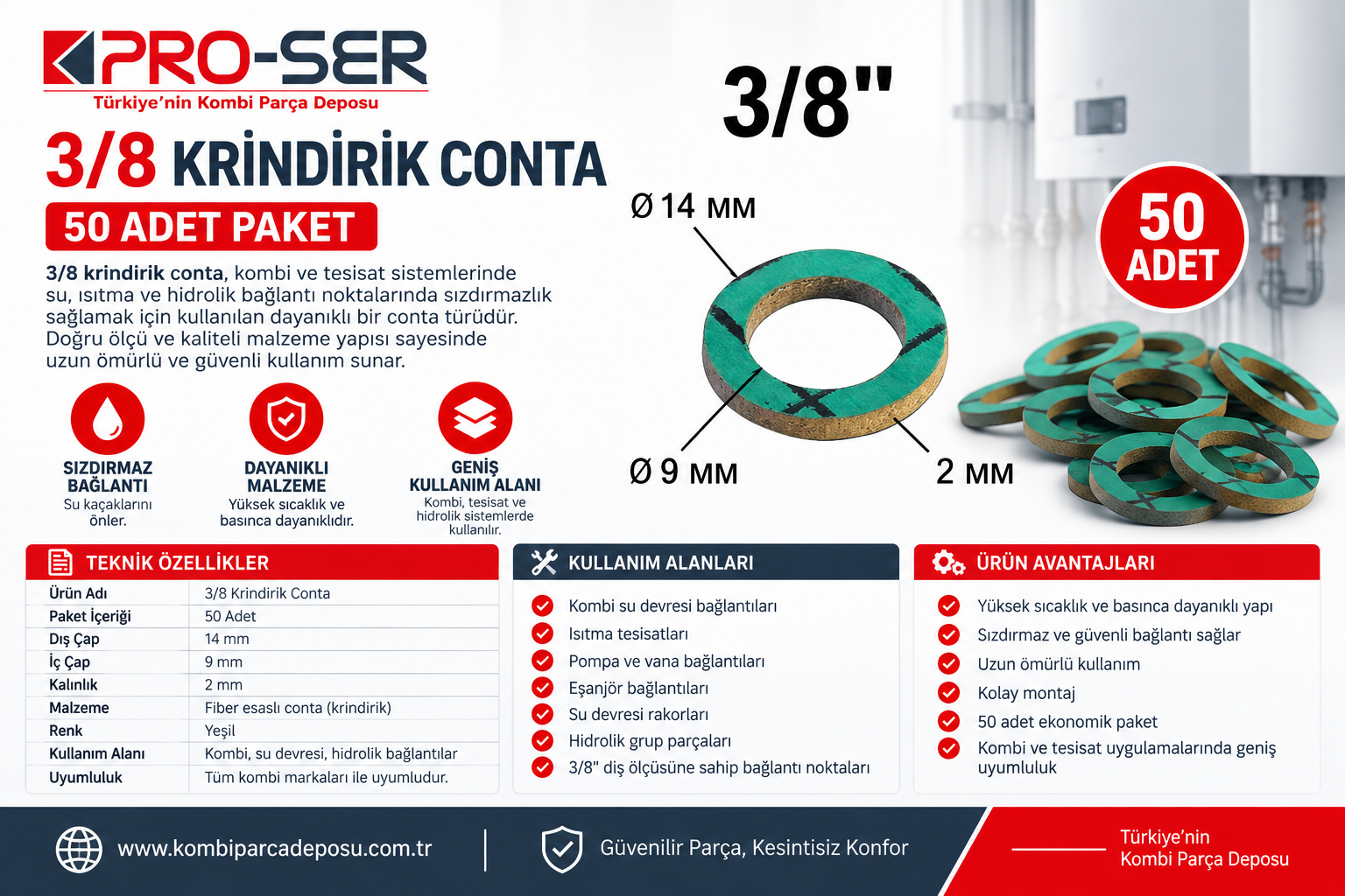 3/8 Krindirik Conta 50 Adet Kombi Yedek Parça Özellikleri – PRO-SER