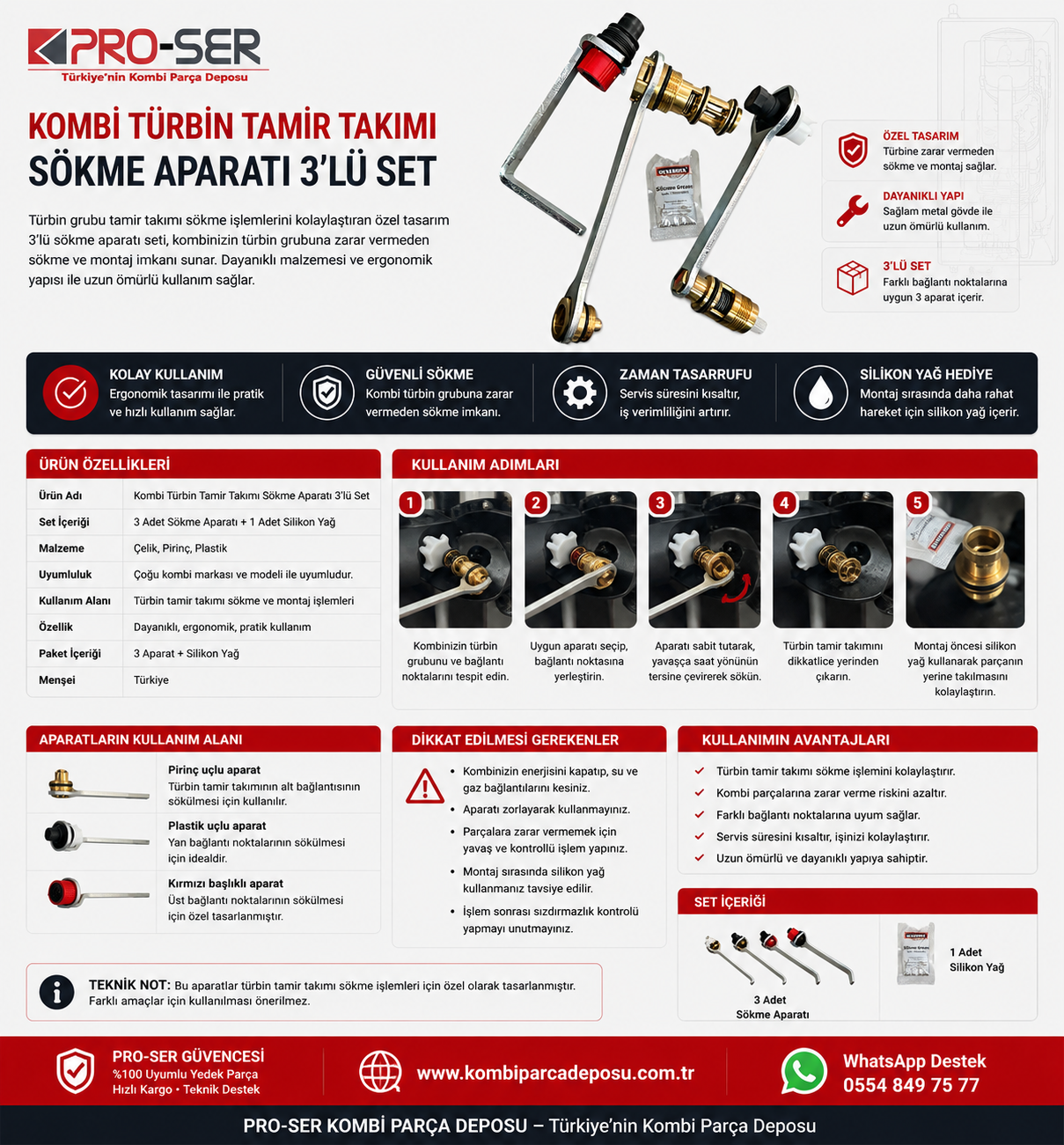 Kombi Türbin Tamir Takımı Sökme Aparatı 3'lü Set Kullanımı – PRO-SER