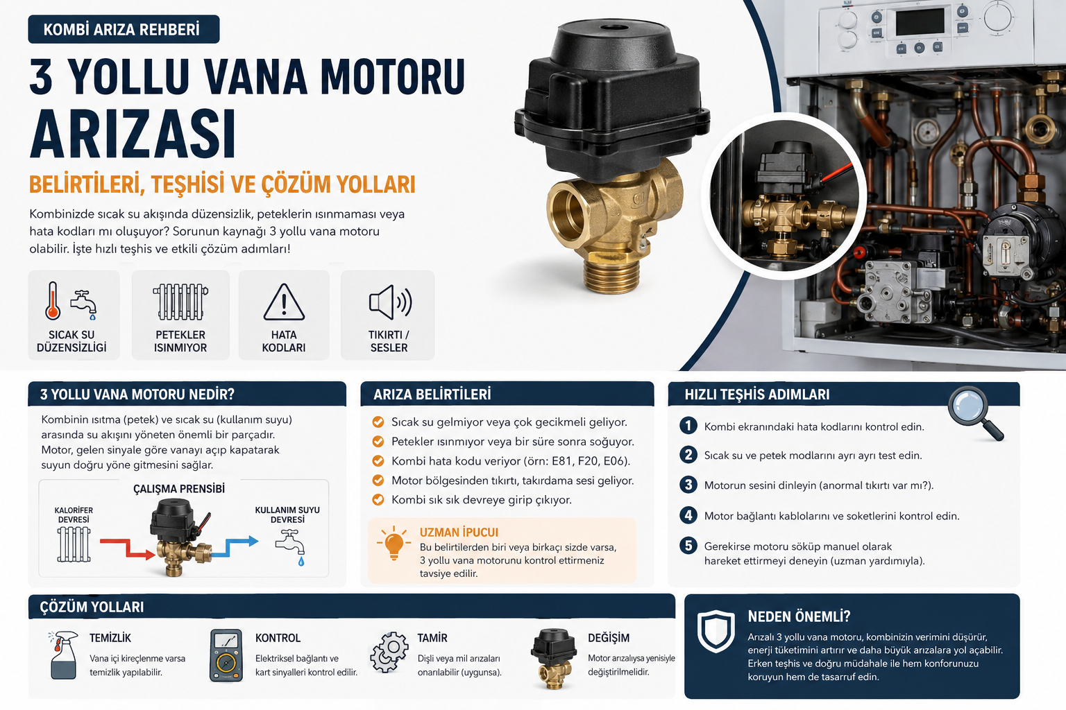 kombi 3 yollu vana motoru arızası belirtileri ve çözümü