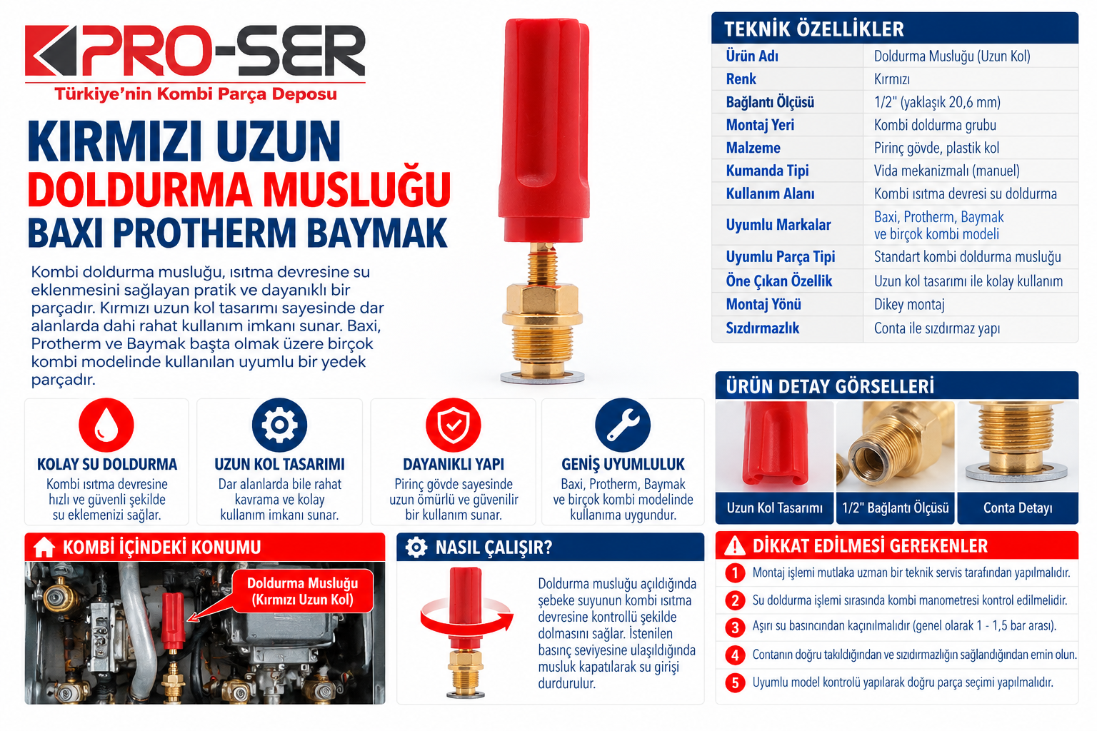 Baxi Baymak Protherm Uyumlu Kırmızı Uzun Doldurma Musluğu – PRO-SER