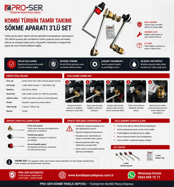 Kombi Türbin Tamir Takımı Sökme Aparatı 3'lü Set Kullanımı - PRO-SER